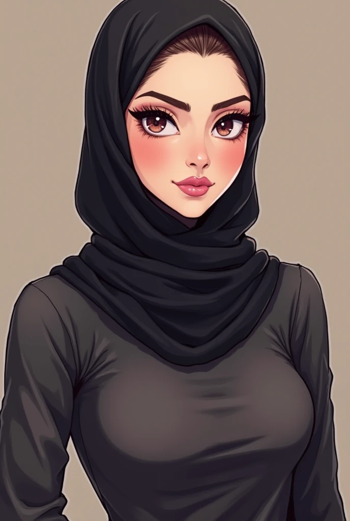She is a woman who likes nature, she likes free style and aesthetics. She wears the hijab but her style is fierce. She symbolizes a woman with a high IQ and of course she is beautiful, with black eyes . Make it in animated form