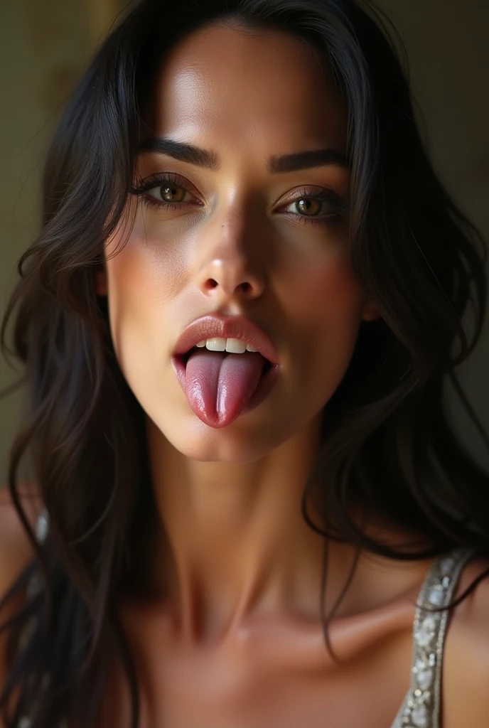 Emery Ratajkowski,Roll your eyes, Sticking out tongue, Long Tongue, Drooling, Ahegao, retina, Textured skin, Anatomically correct, Attention to detail, high quality, ((Dark Eyes,black eye)),Very beautiful face and eyes, Big eyes, 1 female、Actual skin type,I can see my pores,In front of the park forest,