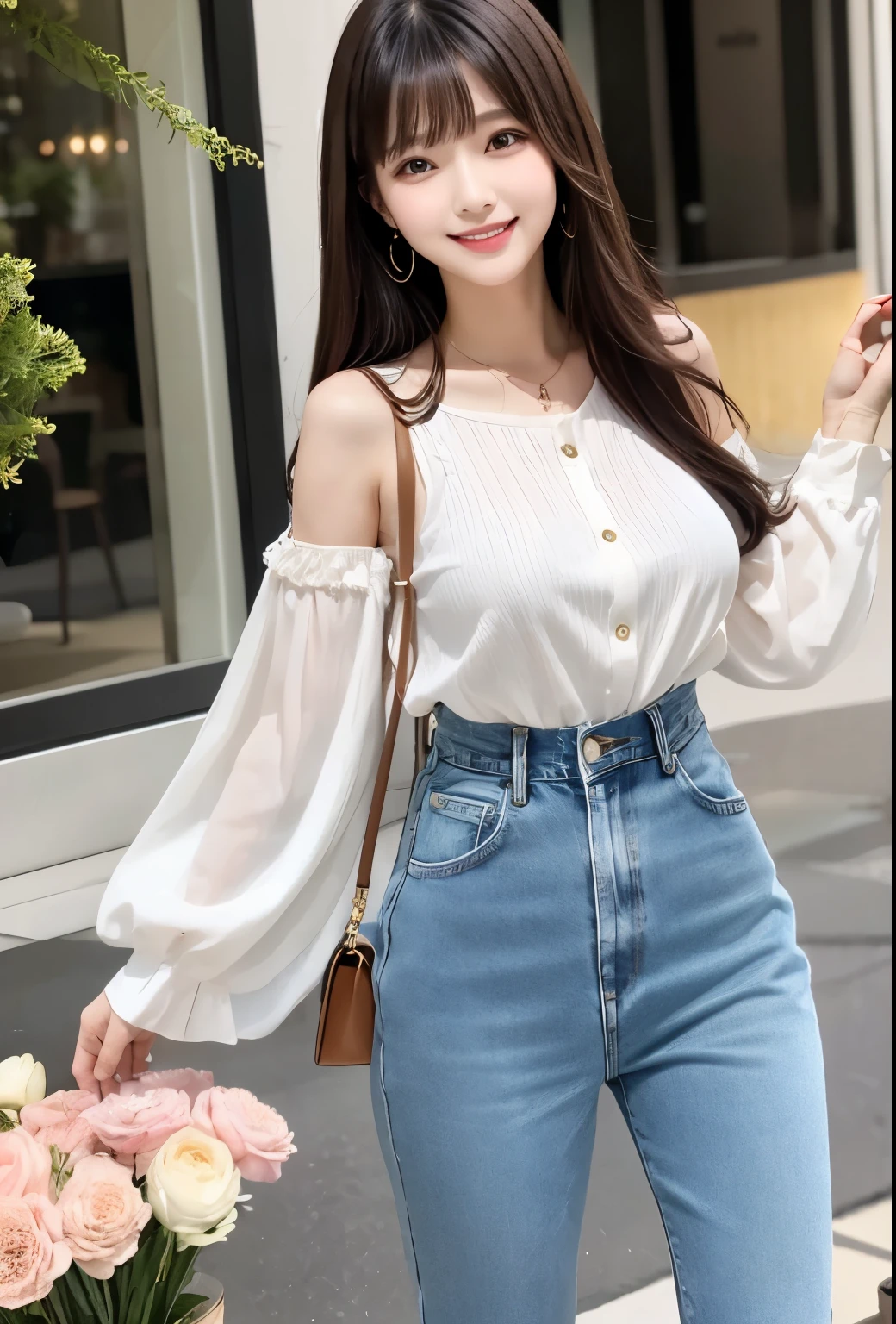 (masterpiece:1.3), high resolution, ultra detailed, extremely detailed CG unity 8k wallpaper, realistic, photo-realistic, RAW photo, beautiful detailed face, pale skin, realistic glistening skin, detailed cloth texture, detailed hair texture, Perfect Style, Beautiful Face, accurate, Anatomically correct, Highly detailed face and skin texture, natural neck length, (wet body, wet hair:1.1),
BREAK
Detailed eyes, symmetric eyes, Brown eyes, Double eyelids, Thin eyebrows, (Sexy Lips:1.3), (happy smile:1.2), (blush:1.2)
BREAK,
((Innocent and Cute girl:1.3)), ((wearing a off-shoulder White blouse:1.4)), (Gold buckle belt), (skinny jeans:1.2), (cross strap high heels:1.2), (necklace, bracelet), (Thin hoop earrings), (pinky ring), (beautiful blue nails:1.2),
Layered Hairstyle, (brown hair:1.2), (wavy hair:1.2), medium long hair, (small breasts, firm breast, nicely shaped breasts:1.1), (Extremely thin waist)
BREAK,
((Standing to close:1.4)), ((looking up at viewer:1.2)),
((close-up shot:1.2)), (Focus on face:1.2), (from above:1.2), (in an outdoor stylish beachside terrace), ((A view of The night sky filled with numerous stars and a large full moon shining brightly:1.3)),