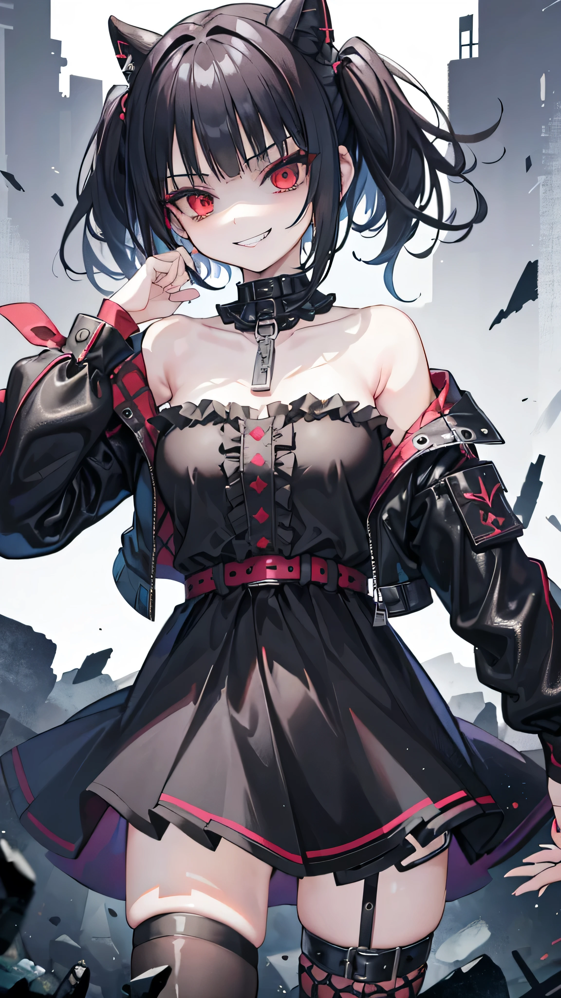 ((masterpiece、Highest quality、Very detailed))、One Girl、Black Hair、short hair、Twin tails、Blunt bangs、Red eyes、Wicked Smile、((Grin))、Small breasts、((Black ruffled clothes))、Off the shoulder、Strapless、((Black leather jacket))、((Checked skirt))、Edge skirt、Multiple Chains、Fishnet tights、Cowboy Shot、,(Shiny latex)、elbow full gloves,thighhigh boots,Ominous landscape,dark aura,ruins,skull,Bloodbath,evil grin,evil smile,Anxious smile,evil darkness