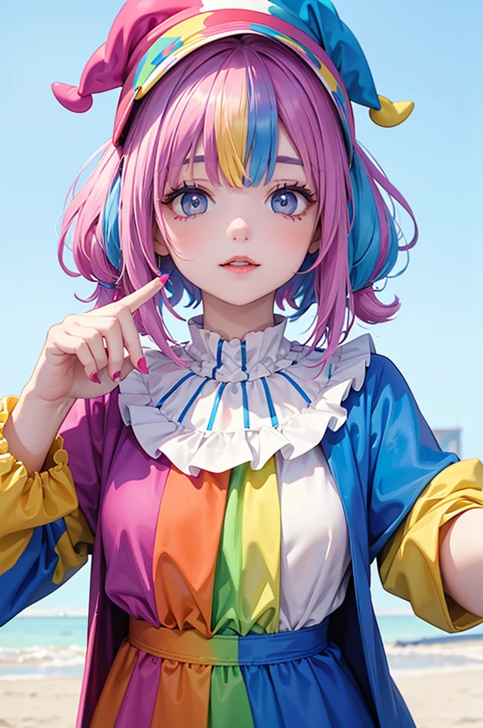 A woman with clown makeup, rainbow colored eyes, long multi-colored hair, His attire is a clown&#39;s dress and a jester&#39;s hat..