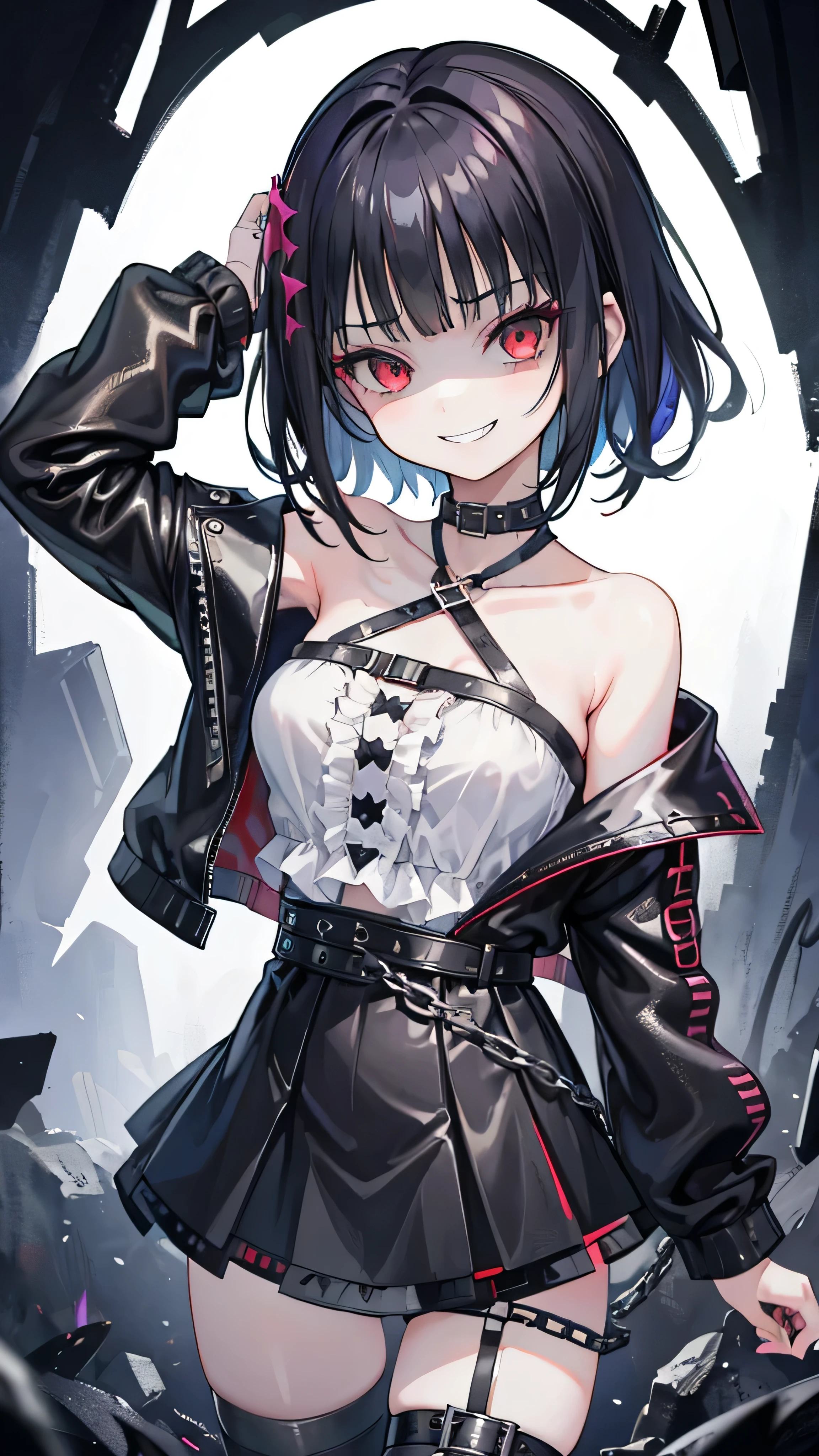 ((masterpiece、Highest quality、Very detailed))、One Girl、Black Hair、short hair、Twin tails、Blunt bangs、Red eyes、Wicked Smile、((Grin))、Small breasts、((Black ruffled clothes))、Off the shoulder、Strapless、((Black leather jacket))、((Checked skirt))、Edge skirt、Multiple Chains、Fishnet tights、Cowboy Shot、,(Shiny latex)、elbow full gloves,thighhigh boots,Ominous landscape,dark aura,ruins,skull,Bloodbath,evil grin,evil smile,Anxious smile,evil darkness