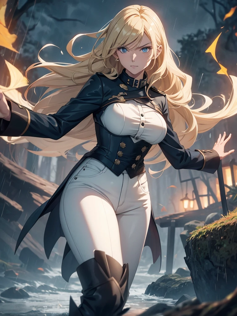 Modern anime-style digital painting of a 2 female teacher in a frontal view and action pose during an autumn day, soaked by rain with dramatic lightning in the background. She is 165 cm tall, with measurements of 91-61-81 cm, and has waist-length, wavy blond hair with V bangs and bright blue eyes. Emitting a golden aura, she stands dynamically with one leg raised on a fallen log. She wears a ruffled white blouse, a black corset, skinny tight blue jeans, and high black boots, all drenched by the rain. The scene is set against rich autumn foliage and vivid lightning, enhancing the intense and mystical atmosphere.