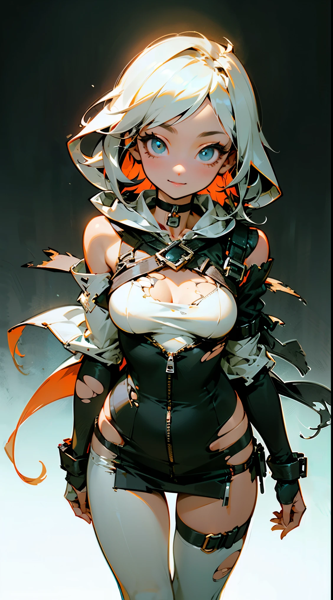 high resolution,perfect anatomy,detailed,girl,skinny,hime_cut,hood up,small breasts,miniskirt,collar,bow tie,gloves,midriff peek,mask