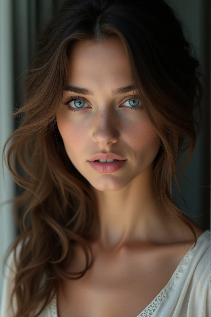 Masterpiece: 1.3), (8k, Photorealistic, Photo RAW, Best quality: 1.4), (UHD), (Ultra high realism), (Ultra high definition), (Ultra high detail), (Increase contrast), (Increase saturation), ((((1girl:1.3)))), A beautiful woman, ((Hybrid face between Monica Bellucci and Jennifer Connelly, 20 years old)), with a perfect figure: 1. 4, Cute face, Beautiful face, (Realistic face), Exquisite hairstyle, Bright light blue eyes with realistic details, beauty in every aspect, (Realistic skin), Radiant skin, with a natural tan tone, irresistible to look at, Ultra high definition, Ultra realistic, Highly detailed, (Large breasts: 1.3), (Cleavage: 0.8), A model with a Caucasian complexion, with a warm, Mediterranean tone to her skin, The model can stand on a high point overlooking the bay and modern skyscrapers. With the wind in her hair, she may look out to the horizon with an expression of admiration or contemplation, she stands on a section of the Old Town wall, resting her arm on it. Her gaze is directed towards the camera with a relaxed smile, enhancing both her beauty and the picturesque environment around her, (Loose and natural waves hairstyle, soft and tousled waves would enhance the Mediterranean and versatile beauty, large breasts: 1.3), (Neckline), necklace and earrings, ((Slender figure: 1. 2)), (Toned waist), firm and curvaceous buttocks, ((body measurements: 1.68 meters tall and the ratio between bust, weight and waist and hip measurements 99 x 63 x 91 cm)), ((plunging neckline)), ((In some shots, the model poses with a black bra, exhibiting a sophisticated style. She also sports an elegant look with a white dress shirt or even a tuxedo. In another image, she appears in a wet T-shirt, adding a unique touch to her artistic expression.)), Shot in 70mm, 8k, Photorealistic, --q 5 --ar 16:9 --v 4, HQ, 8K (film grain: 1.3), 8k UHD, DSLR, soft lighting, high quality, HDRI, Fujifilm XT3