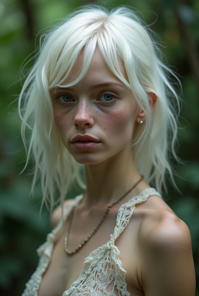 (realistic photo:1.5), (((high resolution photo))), (((extremely detailed))), (beautiful woman in wild jungle), (cinematic light:1.1), full body, (cute sexy:0.8), (freckles:0.3), (cute face:1.3), nudist, Pleasure, dirty skin, frightened look, faded colours, depth of field, 35 mm, dramatic shadows, (cinematic light:1.1), detailed jungle background, sunset, backlighting, dark atmosphere, intricate messy hair, inricate small details, (pale skin), random hair color, (wild world)
