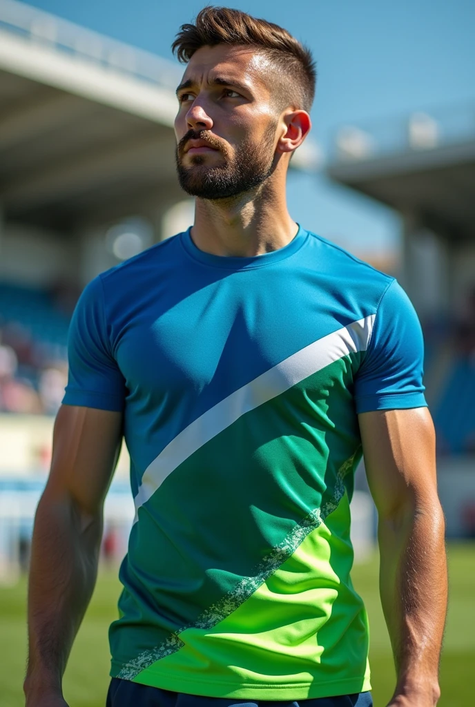 Jeveux que tu me crées un design, un outfit pour un club d'athlétisme. Le club se nomme Citizen Club de Bastère, le logo doit être en haut à gauche. Puis tu dois me faire un beau design, le t-shirt ou le bermuda lui-même est en bleu. Je veux que tu me le présentes avec un homme qui court sur une piste d'athlétisme. Avec le bas aussi qui ira avec le haut Citizen Club. Et voilà.