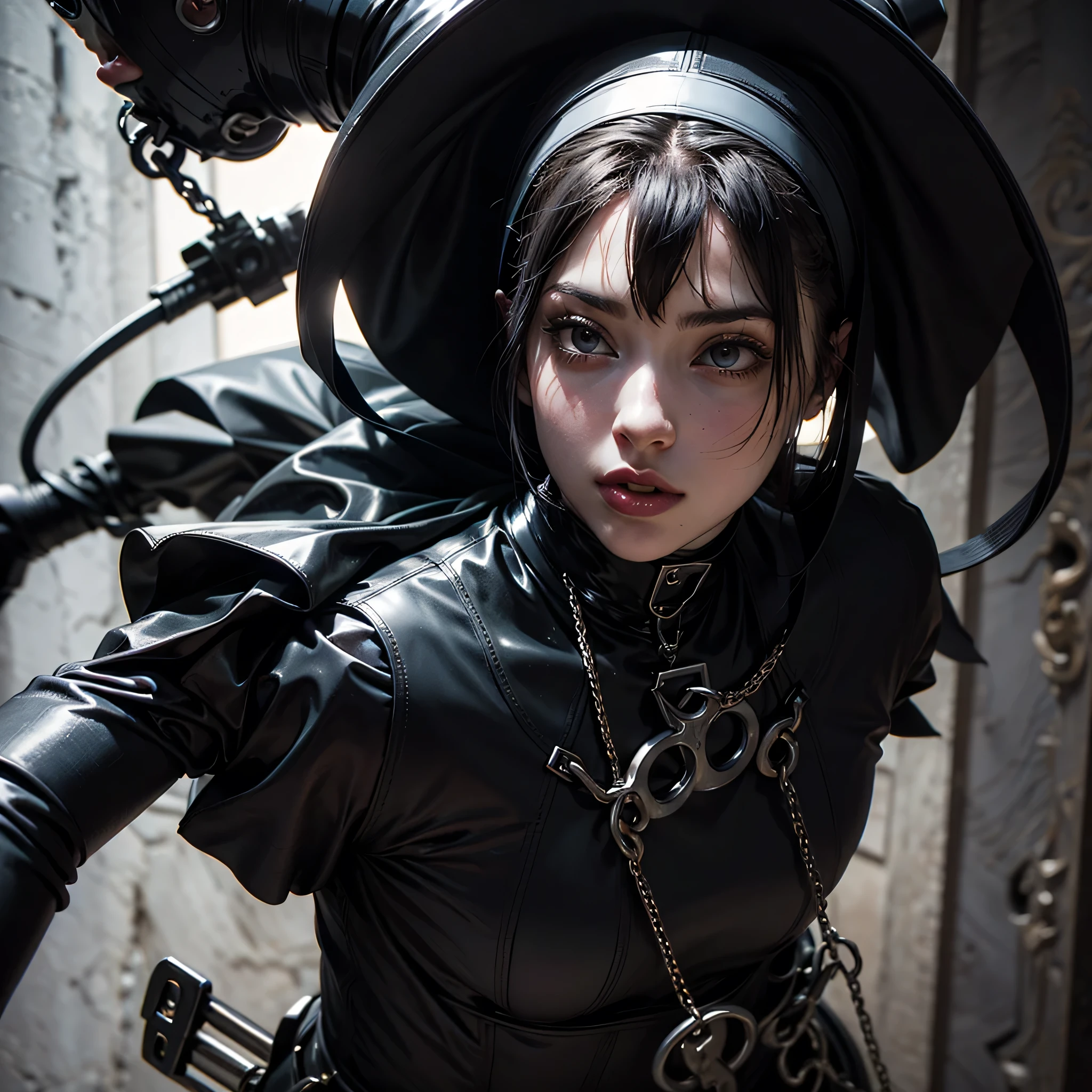 a very beautiful young nun in shiny black latex suit - Dramatic Gothic architecture, extremely realistic. good quality, 8k