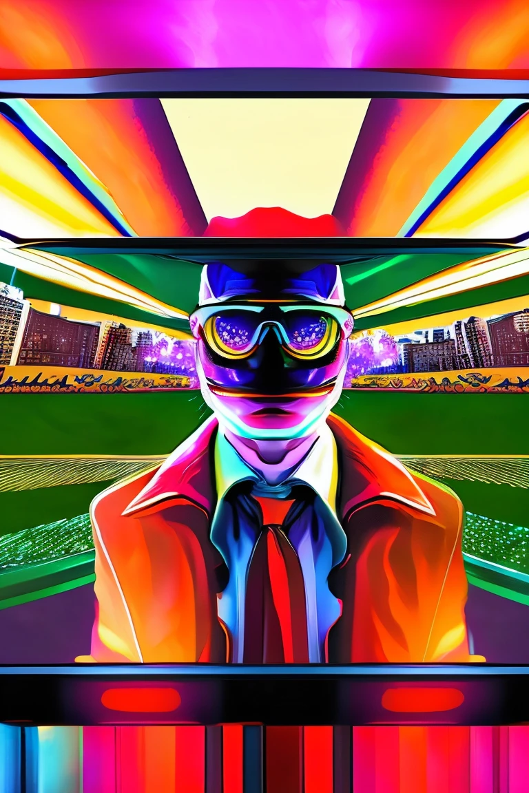 /joker in omib style, illustrator, masterpiece, high quality, 8k, high res, high detail, smiley, transparent sunglasses, cinematic overlay, vivid colors, cool soft lighting, chicago night, wind blowing, greg rutkowki style