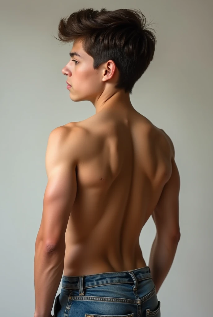 (1boy, photorealistic:1.4, ultra realistic, masterpiece:1.2, best quality, 4k, 8k) beautiful full body photograph of a 18-year-old asian male posing nude, backside facing, perfect butt, loosing back over shoulder, detailed eyes, slim body build, playful expression, intimate moments, delicate skin, detailed face, ultra realistic skin, youthful innocence, shot on Nikon d850 50mm, dlsr, RAW, photo studio lighting, 3 point lighting, flash with soft box, (simple purple background)