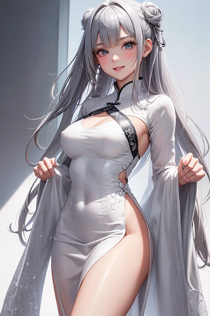 big breasts:1.5、、highest quality、very detailed、Very realistic eye masterpiece、highest quality、very detailed、gray hair、perfect face、long hair、white dress、sundress、nsfw、see-through、Pussy