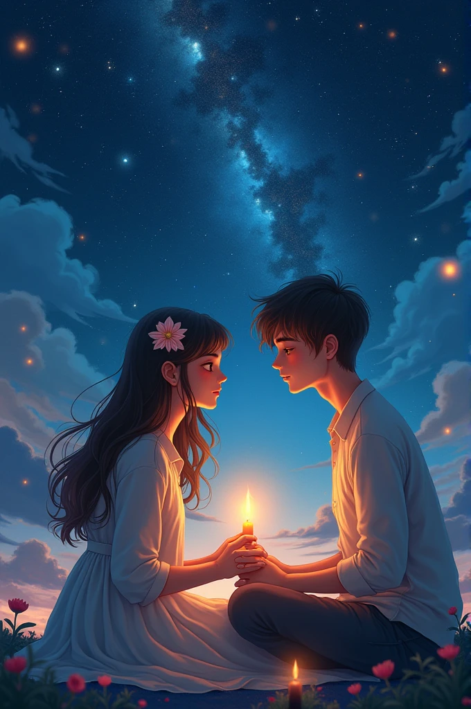 Two people in a field with tall grass, a girl in a white dress and dyed hair holding a candle and on the other end a boy trying to reach her dressed in a white shirt and in the background a starry night with strong winds