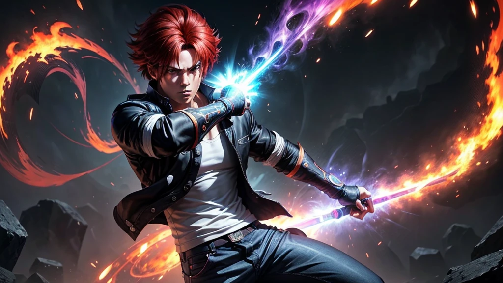 A male character Kyo Kusanagi  in an intense fighting stance, channeling mystical energy. The character has red hair styled forward, wearing a black jacket with wide sleeves and a white shirt underneath that flares out. He’s also wearing red pants and black shoes. His arms are raised above his head, gathering a glowing blue energy orb with swirling energy tendrils that envelop his body. Behind him, there are dark purple flames, shattered rocks, and energy surges bursting from the ground, showing the impact of his power. The background is transparent, with dynamic blue and purple hues accentuating the energy flow. The overall style is vibrant and reminiscent of anime fighting games, with sharp, clean lines and detailed effects.