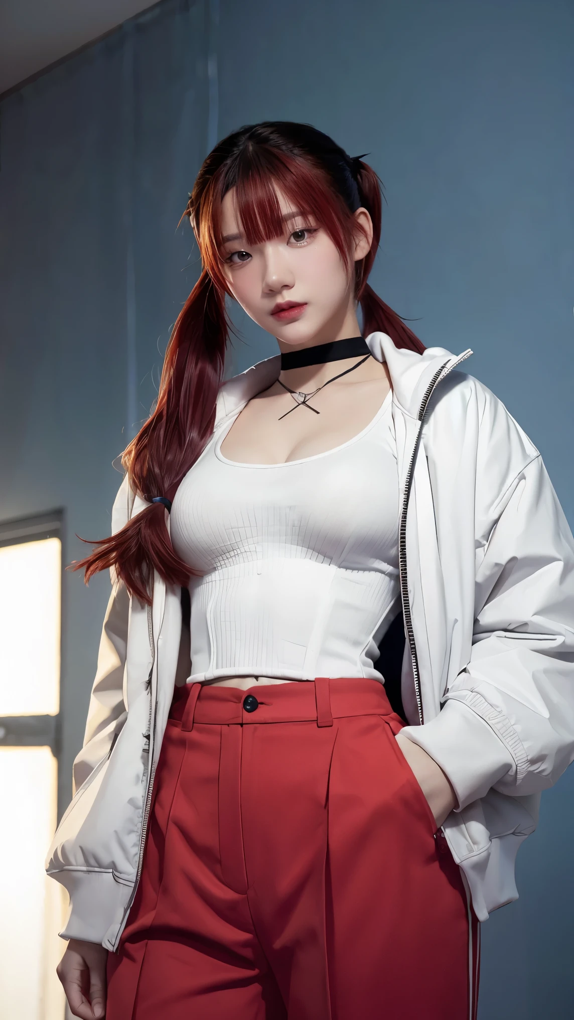 1 girl, Portrait of a beautiful lobapex, About sports, white jacket, corset, skirt, trousers, black hair, red hair, pigtail, put on makeup, choker, rift, wide hips, Volumetric light, best quality, Masterpiece, complicated details, Tone mapping, Sharp focus, There are too many details., Trending on artstation, realistic