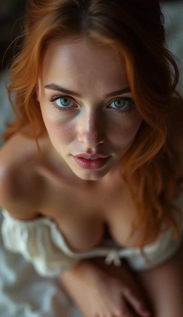 1girl, star eye, blush, perfect illumination, red hair, green eyes, freckels, detailed face, bangs, bright skin, on bed, sexy lingerie, see through lingerie
