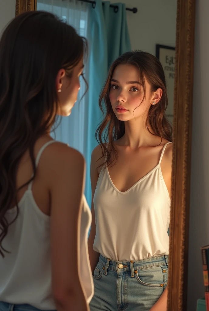A girl with lingerie looking at the mirror