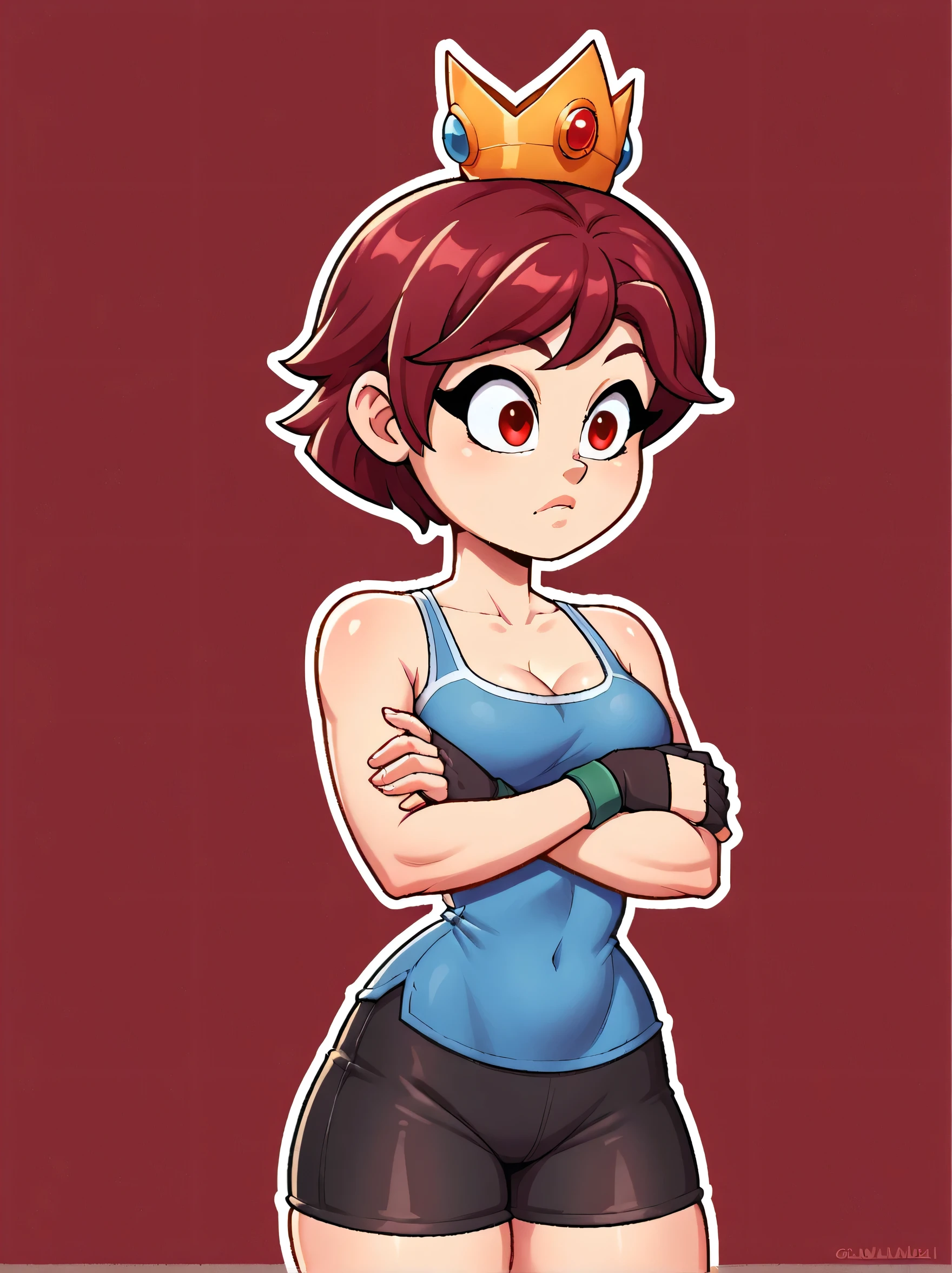 score_9, score_8_up, score_7_up, score_6_up, score_5_up, score_4_up, c00lw0rld, 1girl, curvy, red eyes, Enti, Short Hair, Red Hair, gloves, shorts, black gloves, fingerless gloves, arms crossed, portrait, crown, black shorts, tank top, bike shorts, red background, white outline