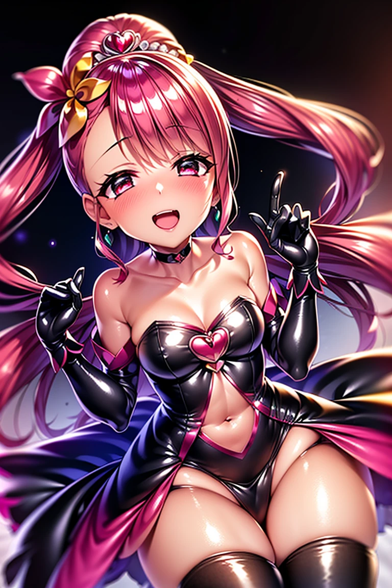 Erotic、fgomartha、Big Breasts、Tight waist、Gothic Lolita、Long pink hair　Curly Hair、Fluffy dresses、Pink and black latex dress　Pink line、adult、Married Woman、Evil female executive、tall、sexy、Wicked Smile、lure、Alluring、excited、Pitch black background、Dark bedroom at night、garter belt、stockings