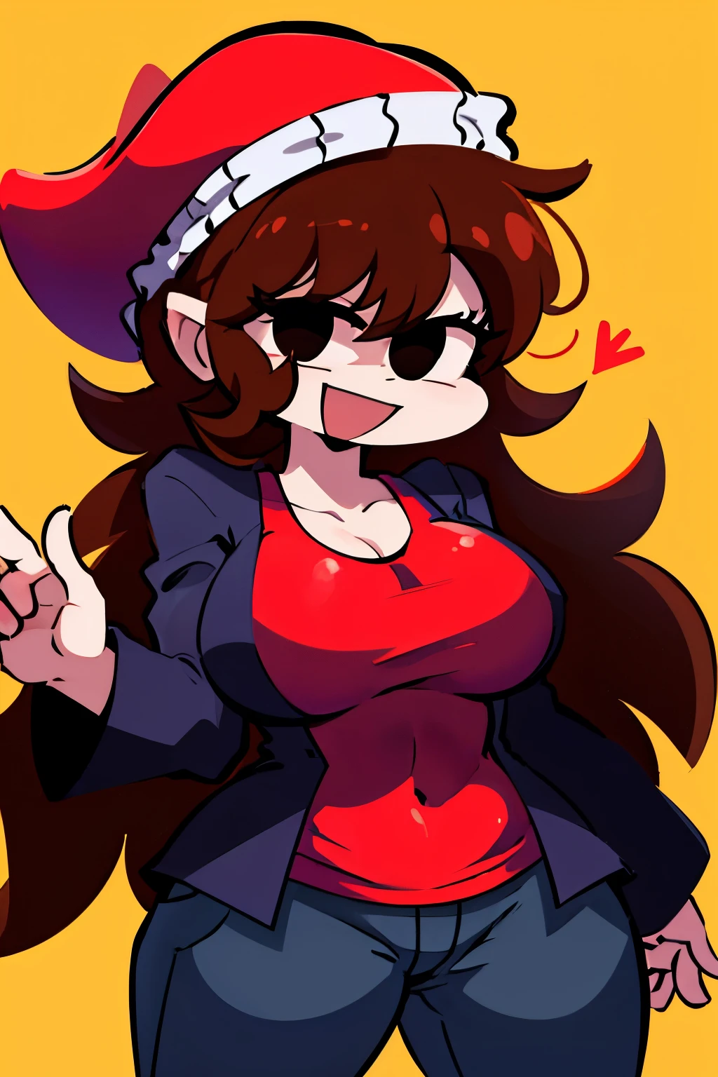 HypnoLullabyGF, 1girl, hat, solo, brown hair, jacket, red headwear, pants, smile, red shirt, black eyes, open mouth, black jacket, huge breasts, very long hair