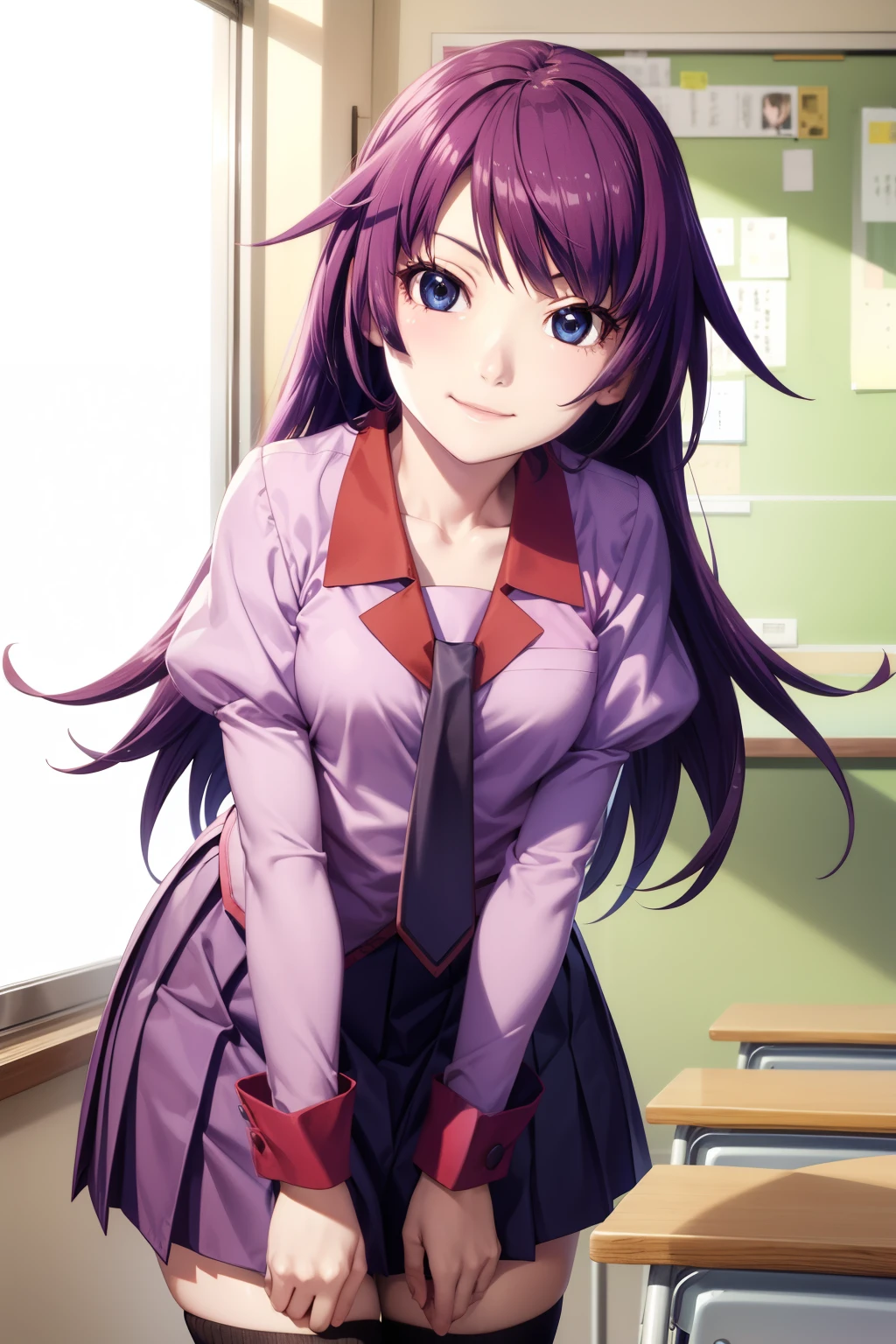 masterpiece、Highest quality、High resolution、Detailed face、Focus on the face、Anime Coloring、School classroom、Cowboy Shot、smile、sunlight、1 girl、alone、Gazing at the audience、Leaning forward、Hitagi Senjougahara、Long Hair、Mid-chest、bangs、Hitagi Senjougahara、Knee socks、Long sleeve、Pink Shirt、uniform、Pleated skirt、tie、Puff sleeves、黒Knee socks、Absolute area、Juliet Sleeve、直江津高校のuniform、alone,Written boundary depth