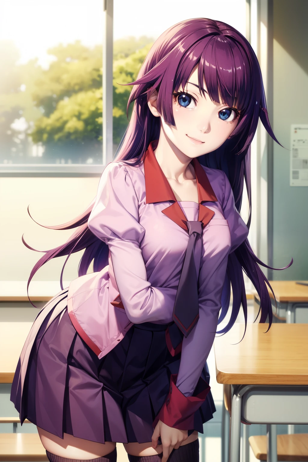 masterpiece、Highest quality、High resolution、Detailed face、Focus on the face、Anime Coloring、School classroom、Cowboy Shot、smile、sunlight、1 girl、alone、Gazing at the audience、Leaning forward、Hitagi Senjougahara、Long Hair、Mid-chest、bangs、Hitagi Senjougahara、Knee socks、Long sleeve、Pink Shirt、uniform、Pleated skirt、tie、Puff sleeves、黒Knee socks、Absolute area、Juliet Sleeve、直江津高校のuniform、alone,Written boundary depth