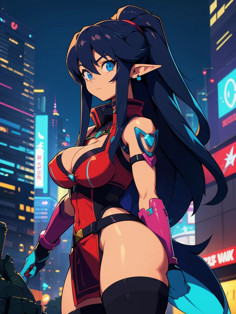 a cartoon picture of a girl with long black hair and a blue tail, commission for high res, elf girl, oc commission, 2d game fanart, hero 2 d fanart artsation, cel - shaded art style, game art!!, close up, cyborg joints:1.5, showing cleavage, detailed fanart, background artwork, 8k high quality detailed art, in a cyberpunk city at night, blured background, bokeh:1.5, Gurren Lagann art style, cyberpunk 2077 art style:1.0, Legend of Zelda art style, Macross art style