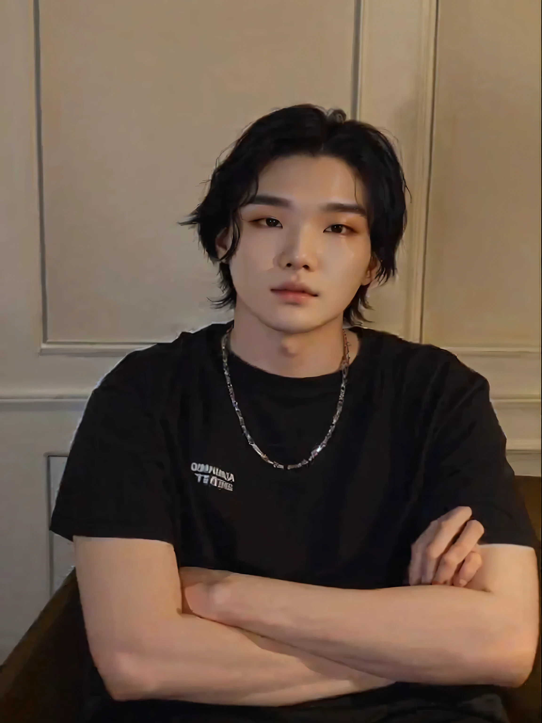 sharp man sitting on a couch with his arms crossed, Yoongi with black hair, hyung tae, Tae June Kim, he is wearing a black t-shirt, Kim Doyoung, Hong Jun Hyung, cai xukun, jung jaehyun, Hsiao-ron, Retrato de Jossi do Blackpink, Wonbin Lee, adorable and pale korean face, south korean man, Yoongi, Min Yoongi