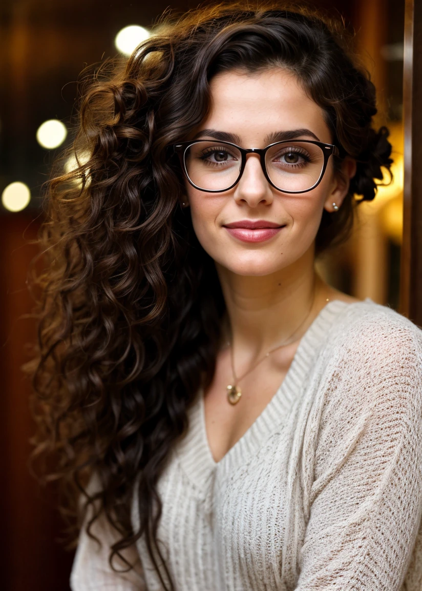 woman, curly long hair, thick-framed glasses, spor, Turkish, hair up, dark hair, funny