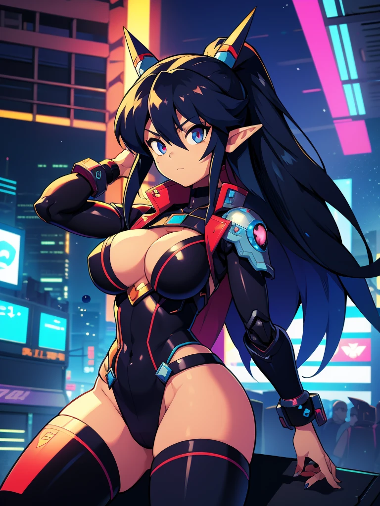 a cartoon picture of a girl with long black hair and a blue tail, commission for high res, elf girl, oc commission, 2d game fanart, hero 2 d fanart artsation, cel - shaded art style, game art!!, close up, cyborg joints:1.5, showing cleavage, detailed fanart, background artwork, 8k high quality detailed art, in a cyberpunk city at night, blured background, bokeh:1.5, Gurren Lagann art style, cyberpunk 2077 art style:1.0, Legend of Zelda art style, Macross art style
