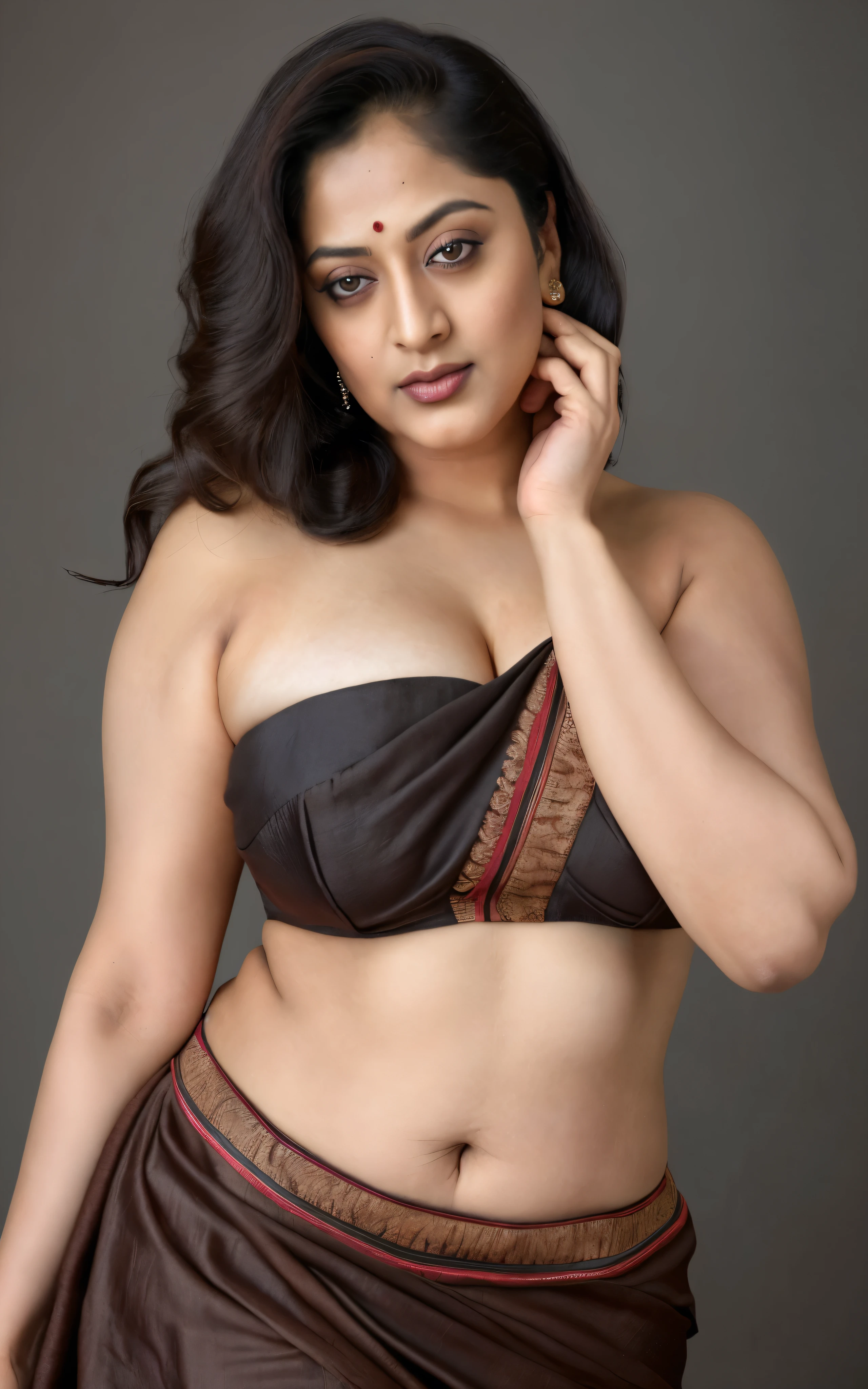 a tall very busty beautiful 1 women 40 year old, very toned , realistic, natural light, plus size figure, curvy, big breasts, thick, wearing hot black saree,deep cleavage, soft jiggly breasts, 