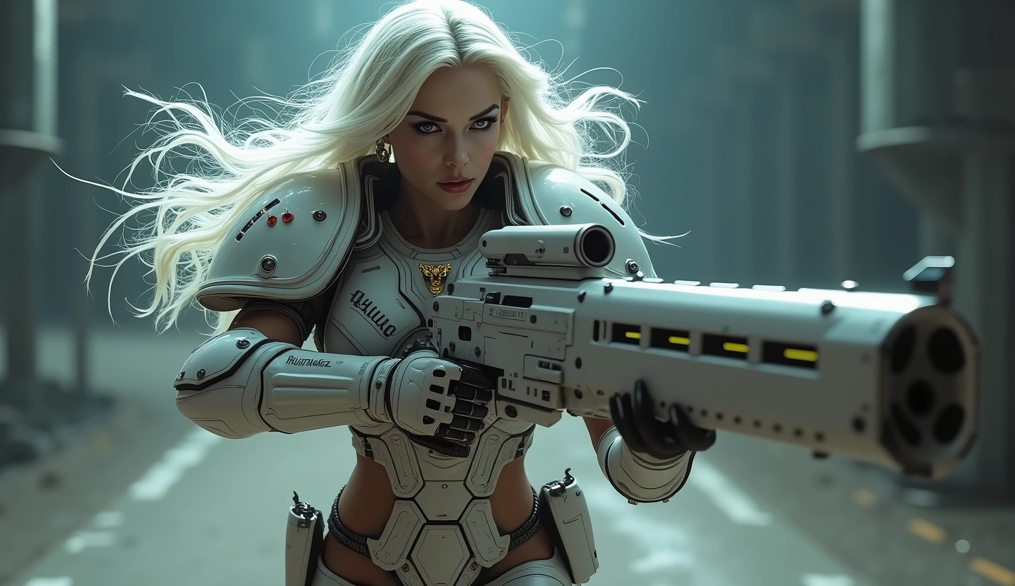 (Highest image quality, outstanding details, ultra-high resolution), 1 girl, suit((futuristic military outfit, adepta sororitas, military harness, military gears such as pouches)), (glamour body, curvy body, buffed and muscular body, tight abs, ), background(warfare background including explosion and flame), (open mouth and shout out for war cry, angry expression, aggressive expression, pointing to a direction, advancing forward, dynamic pose), white hair, cowboy shot, low angle, Mohawk hair style.
