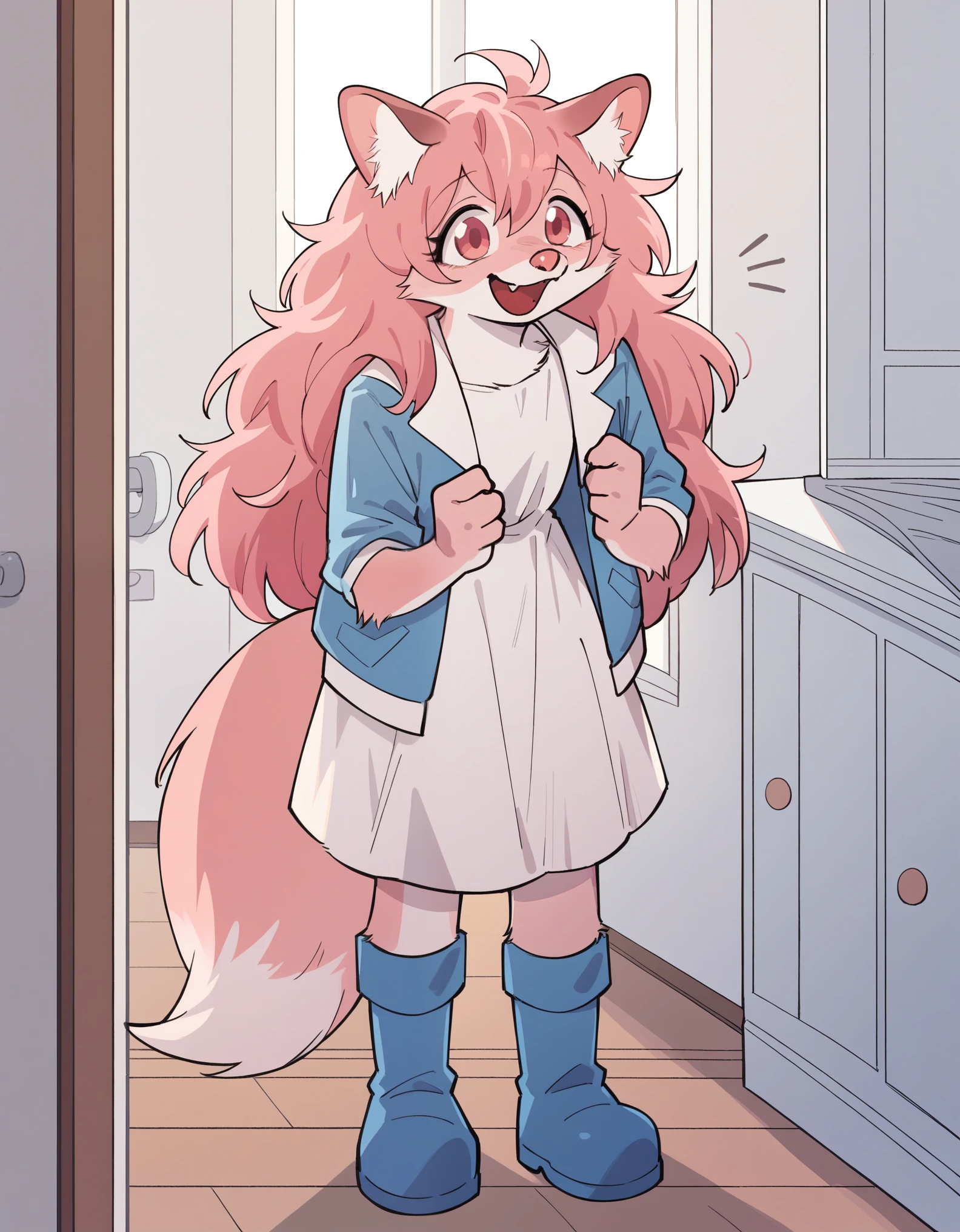 Score_9, score_8_up, solo, Anthro, furchan, pink furry body, pink hair, pink eyes, pink nose, animal ears, tail, standing, indoors, wearing blue jacket, white dress, blue boots, happy