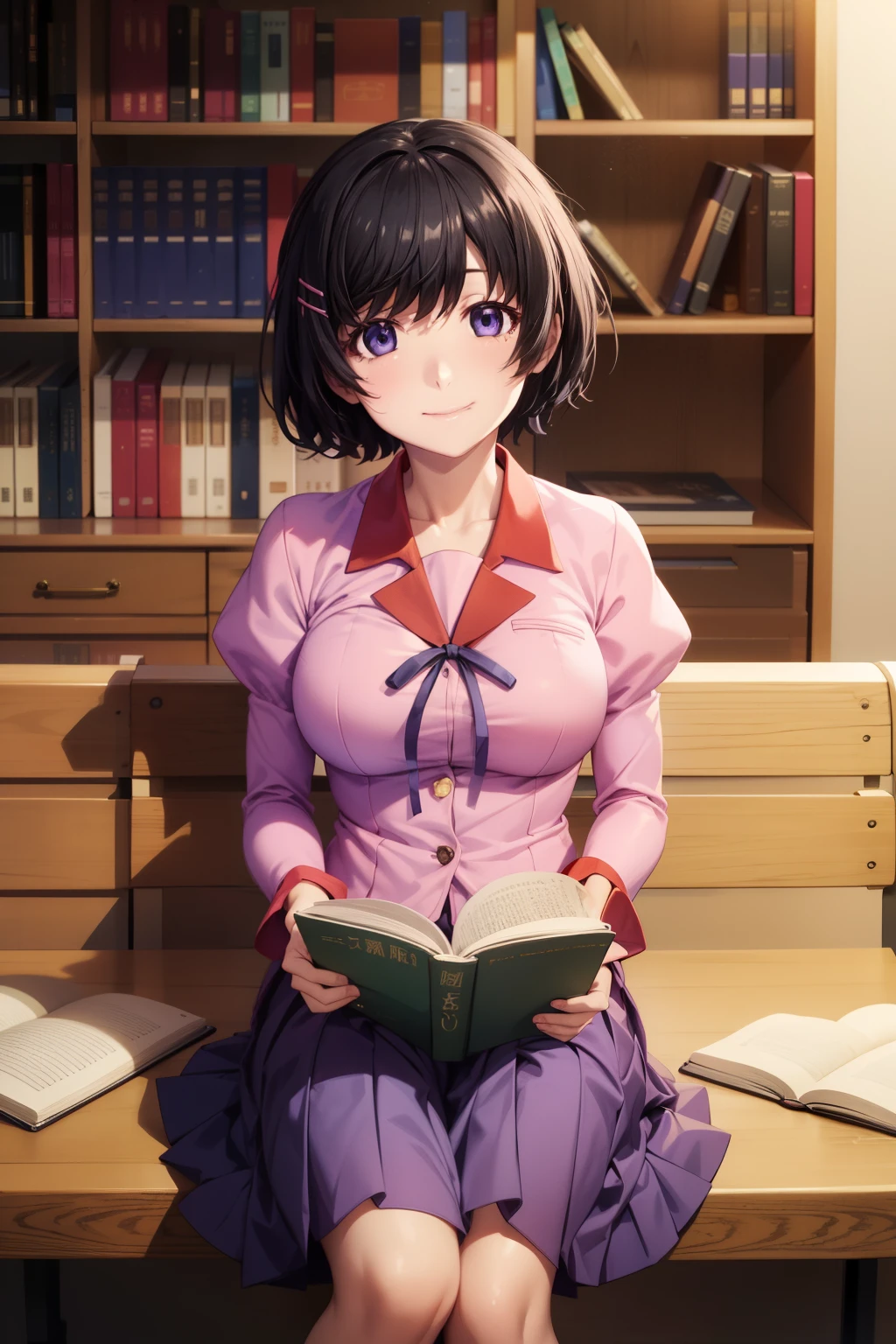 anime、masterpiece、Highest quality、High resolution、detailed、One Girl、alone、Gazing at the audience、smile、Hanekawa 01、short hair、Big Breasts:1.2、skirt、Black Hair、Pink Shirt、hair ornaments、School uniforms、Purple eyes、Valletta、Long sleeve、Puff sleeves、Juliet Sleeve、Naoetsu High School uniform、close、Reading a book at a bookstore、alone