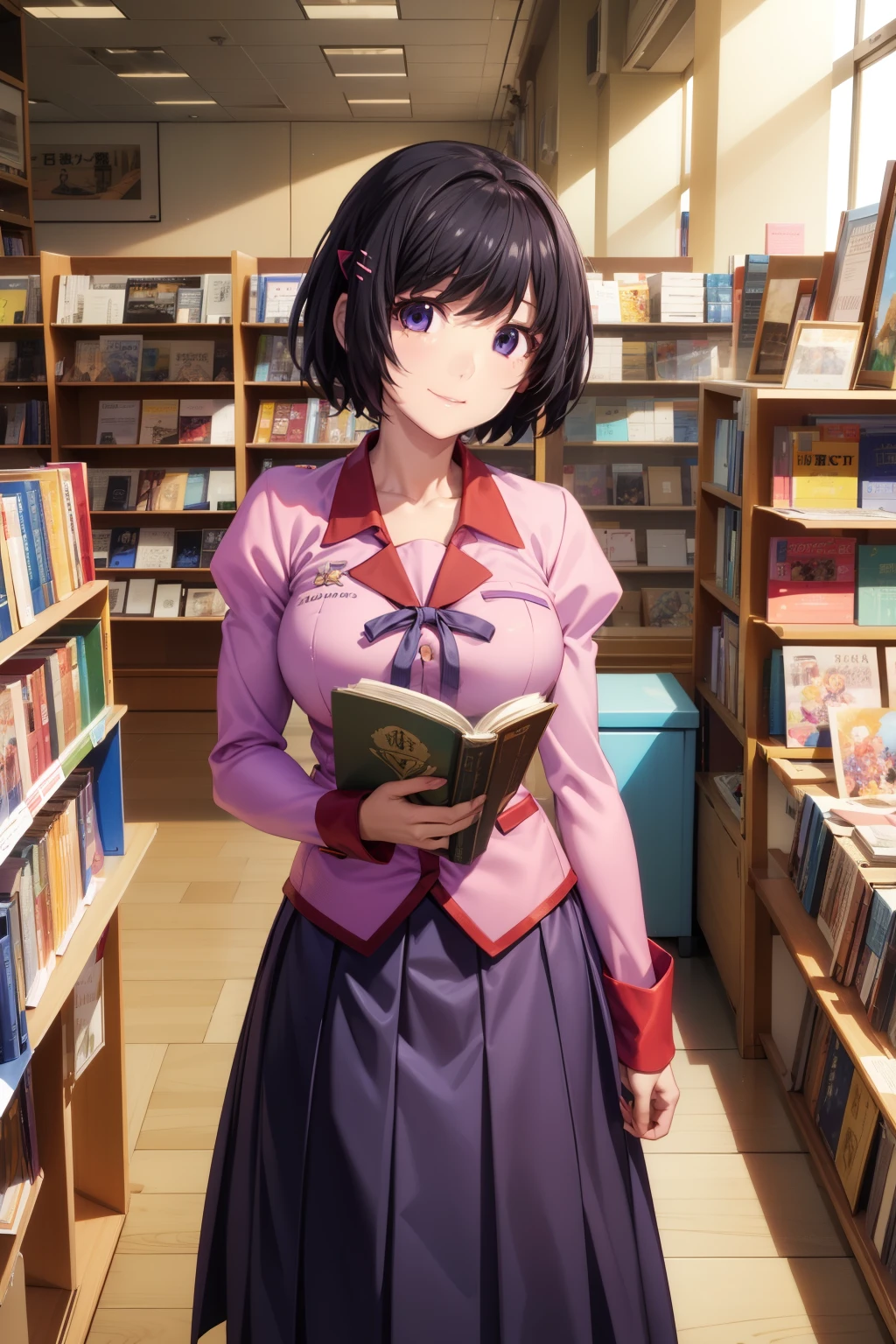 anime、masterpiece、Highest quality、High resolution、detailed、One Girl、alone、Gazing at the audience、smile、Hanekawa 01、short hair、Big Breasts:1.2、skirt、Black Hair、Pink Shirt、hair ornaments、School uniforms、Purple eyes、Valletta、Long sleeve、Puff sleeves、Juliet Sleeve、Naoetsu High School uniform、close、Reading a book at a bookstore、alone