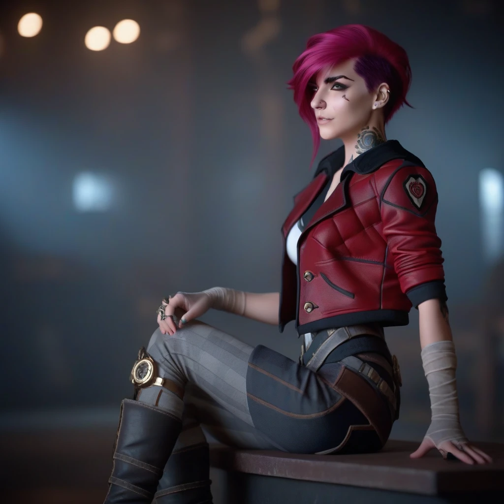 cinematic photo a woman, full body, pink hair, red jacket, sitting looking at the viewer, steampunk background,  (((text ''VI'')))  . 35mm photograph, film, bokeh, professional, 4k, highly detailed