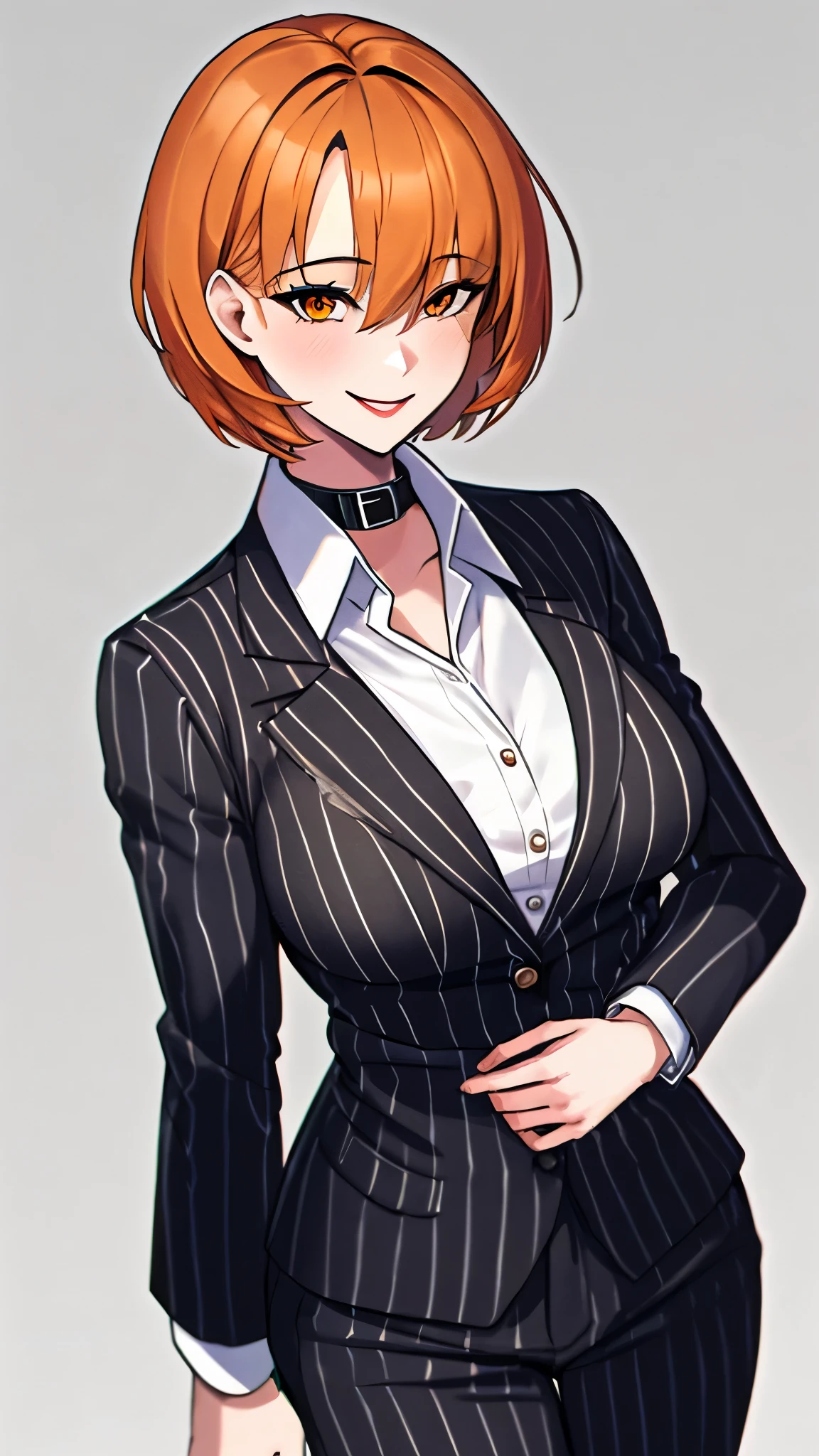 （（super high quality,））（（Ultra-high resolution,））（16K,）（super masterpiece,）（（Ultra HD ,））（Detailed shading,）One Woman,Orange short hair,Black vertical striped suit and pants,Tight collar white shirt,smile,