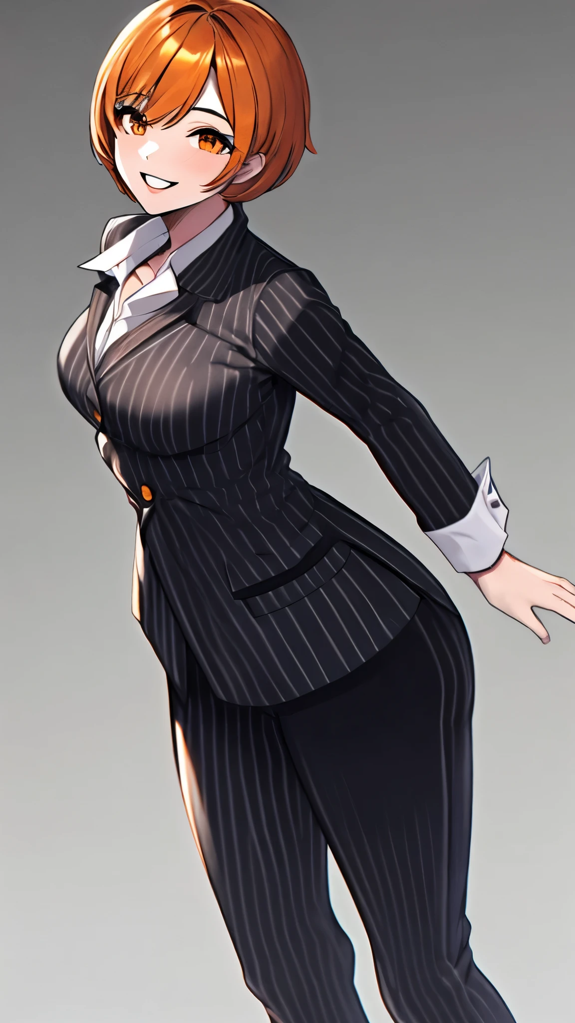 （（super high quality,））（（Ultra-high resolution,））（16K,）（super masterpiece,）（（Ultra HD ,））（Detailed shading,）One Woman,Orange short hair,Black vertical striped suit and pants,Tight collar white shirt,smile,