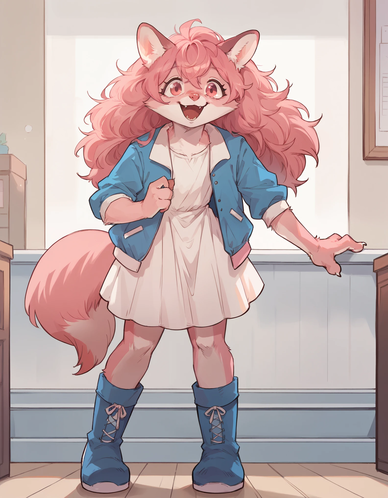 Score_9, score_8_up, solo, Anthro, furchan, pink furry body, pink hair, pink eyes, pink nose, animal ears, tail, tall and slender body, standing, indoors, wearing blue jacket, white dress, blue boots, happy