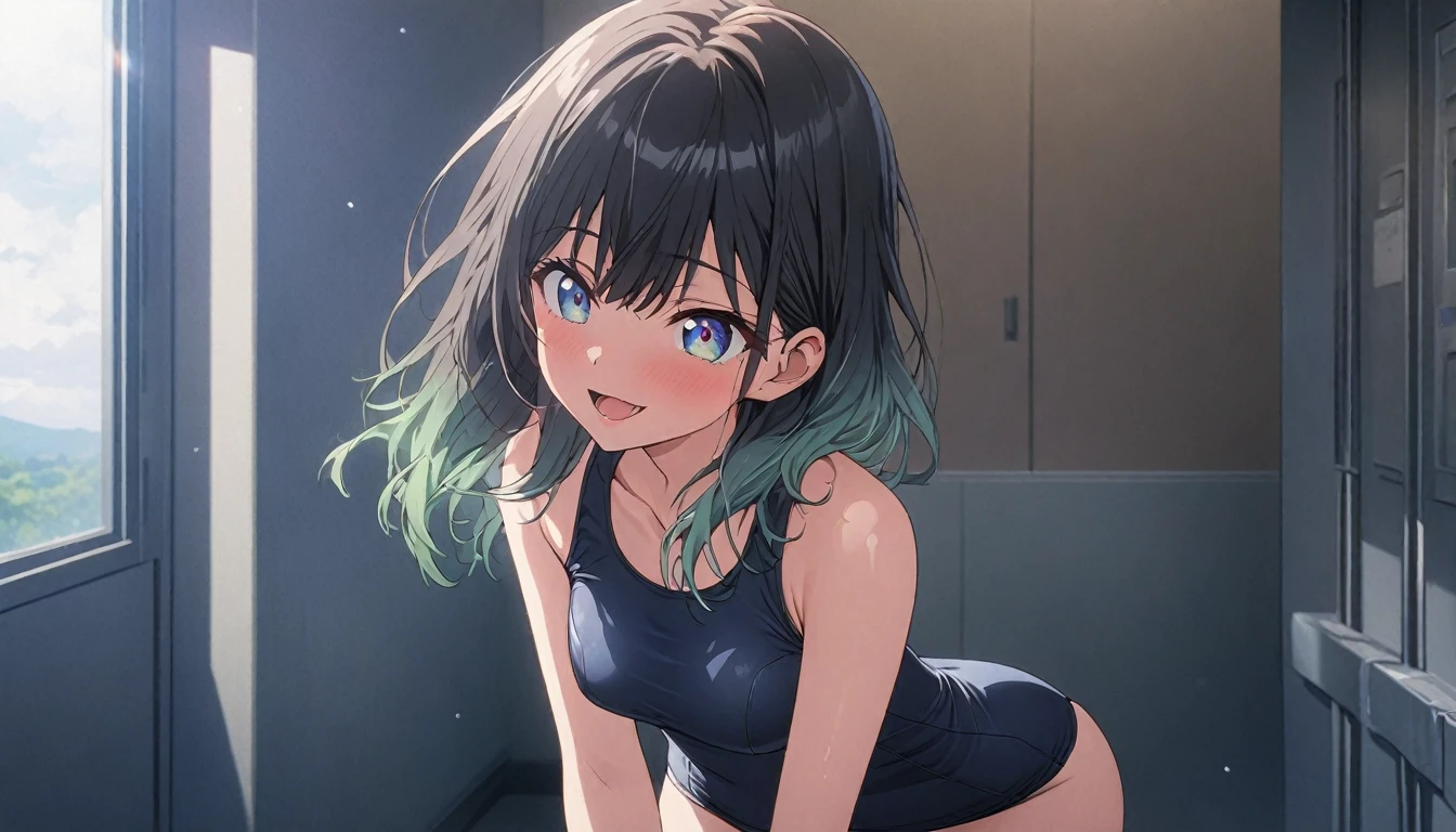 score_9、score_8_up、score_7_up、Source Anime、masterpiece、Beautiful Eyes、Textile Shading、Custyx、Highly detailed CG、Shiny skin、Anime Color、anime painting、 1 girl, 最high quality、4K,so beautiful、high quality、masterpiece、lue hairgreen eyesmedium hairgradient hair, While taking off her school swimsuit、locker room、topless、Cowboy Shot