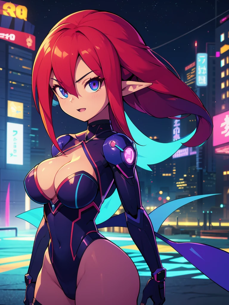 a cartoon picture of a girl with long redish plum hair and a blue tail, commission for high res, elf girl, oc commission, 2d game fanart, hero 2 d fanart artsation, cel - shaded art style, game art!!, close up, :D expression, cyborg joints:1.5, showing cleavage, detailed fanart, background artwork, 8k high quality detailed art, in a cyberpunk city at night, blured background, bokeh:1.5, Promare art style,
