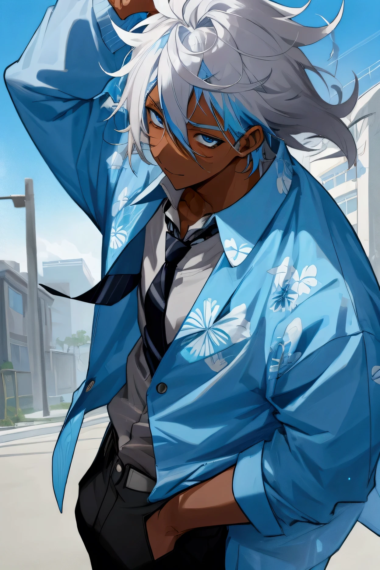 1male, grey hair, blue highlighted hair, happy expression, modern clothing, blue hawaiian shirt, open jacket, slack pants, black pants, neck tie, red tie, blue eyes, school background, perfect eyes, messy hair, dark skin
