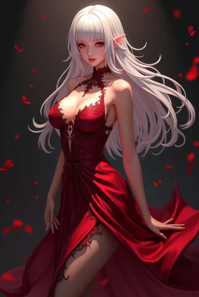 a close up of a woman in a red dress with roses, extravagant dress, 8k highly detailed ❤🔥 🔥 💀 🤖 🚀, dressed beautiful gown, wearing a wonderful dress, red dress, detailed dress and face, all red, beautiful gown, gown, elegant red dress, red, wearing a wonderful dress, exquisite digital illustration,The most beautiful woman in the world、white hair、white eyes、best style、beautiful legs、whole body