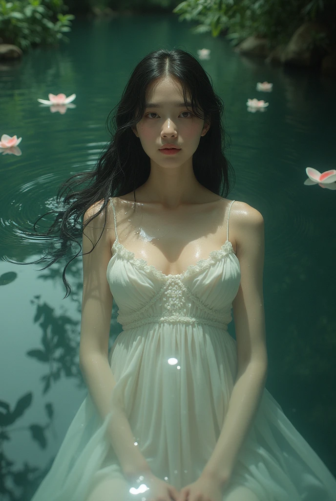吸血鬼の女王はwaterの中に浮かんでいる、One person, water色のレースの下着、water色のチュールスカートを履いている、green、water色の髪の毛金色の目, Textured skin, Ultra high definition, Very detailed, Large Breasts, delicate facial expression cinematic light effects, fluorescence, Artistic, Various colors of light、無数のwater色の花びらが舞い散る、Countless flowers bloom in profusion、fluorescence, Realistic skin texture、Vampire、Attractive woman、maternal、Getting wet in the rain、Seven-Colored Rain、Have fair skin、Countless raindrops、Silver chain necklace、Angle from top to bottom、肌にwater滴がまとわりつく、waterに濡れた髪、Romantic、water、night、moonlight、Gold Light、waterで肌が濡れている、Godley, High resolution, accurate, Highest quality,