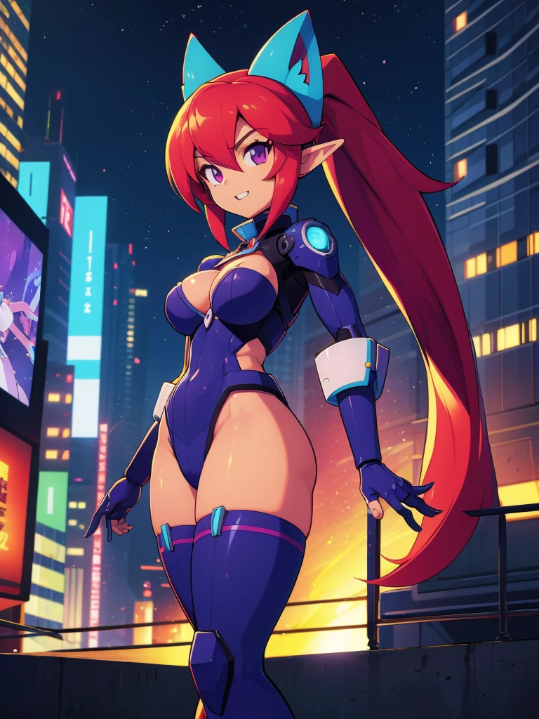 a cartoon picture of a girl with long redish plum hair and a blue tail, (((3D))) commission for high res, elf girl, oc commission, 2d game fanart, hero 2 d fanart artsation, cel - shaded art style, game art!!, close up, :D expression, cyborg joints:1.5, showing cleavage, detailed fanart, background artwork, 8k high quality detailed art, in a cyberpunk city at night, blured background, bokeh:1.5, Promare art style,
