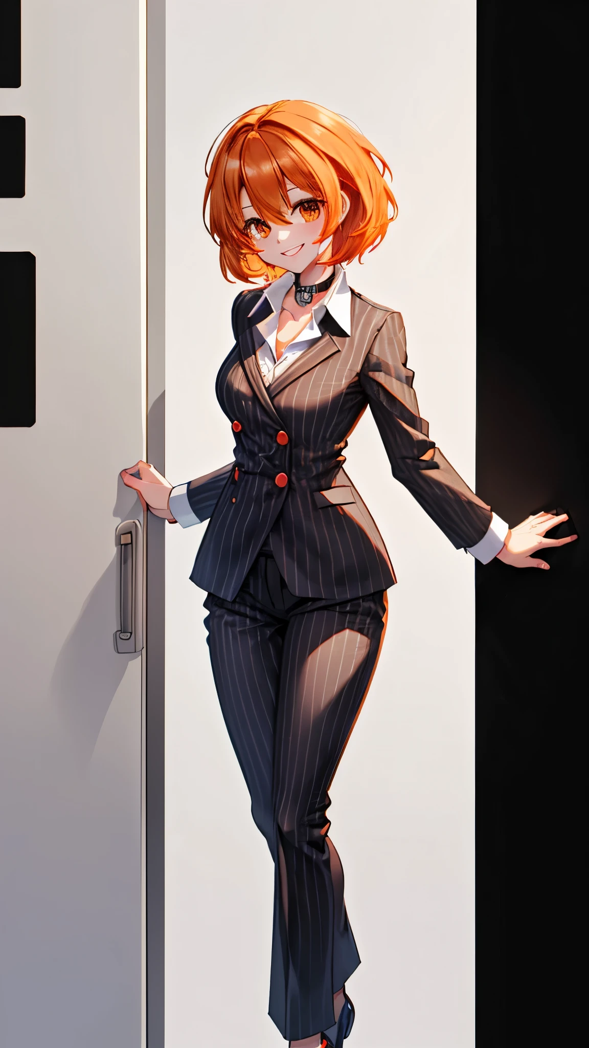 （（super high quality,））（（Ultra-high resolution,））（16K,）（super masterpiece,）（（Ultra HD ,））（Detailed shading,）One Woman,Short orange hair with bouncy tips,Black vertical striped suit and pants,Tight collar white shirt,Even the third button is undone.,smile,