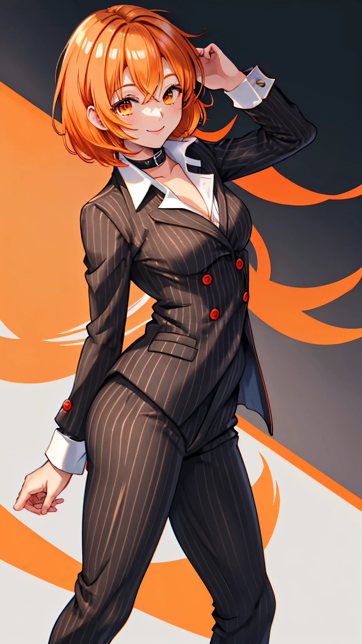 （（super high quality,））（（Ultra-high resolution,））（16K,）（super masterpiece,）（（Ultra HD ,））（Detailed shading,）One Woman,Short orange hair with bouncy tips,Black vertical striped suit and pants,Tight collar white shirt,Even the third button is undone.,smile,