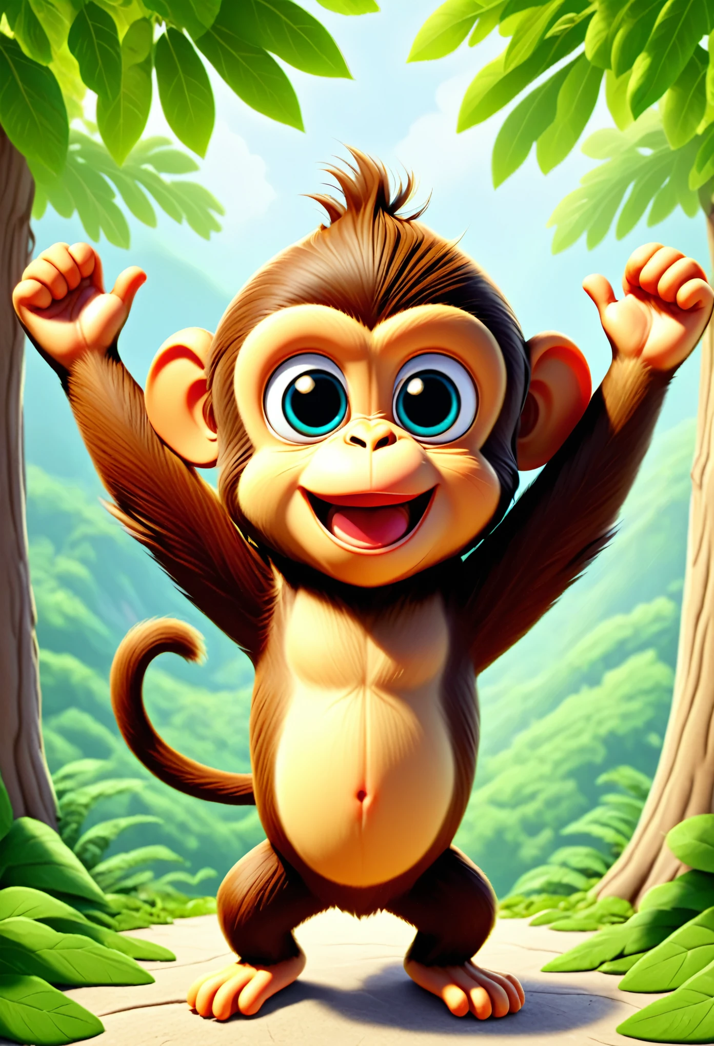 cute monkey, cartoon , arms, hands ,cute eyes, looking at viewer, arms up, cute clothes, flawless, tree, leafs