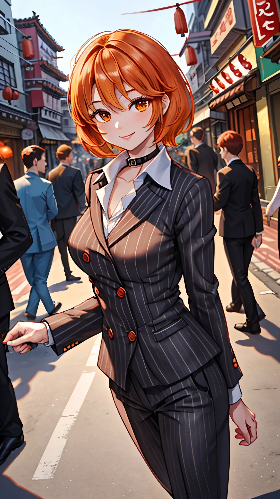 （（super high quality,））（（Ultra-high resolution,））（16K,）（super masterpiece,）（（Ultra HD ,））（Detailed shading,）One Woman,Short orange hair with bouncy tips,Black vertical striped suit and pants,Tight collar white shirt,Even the third button is undone.,smile,Chinatown during the day,