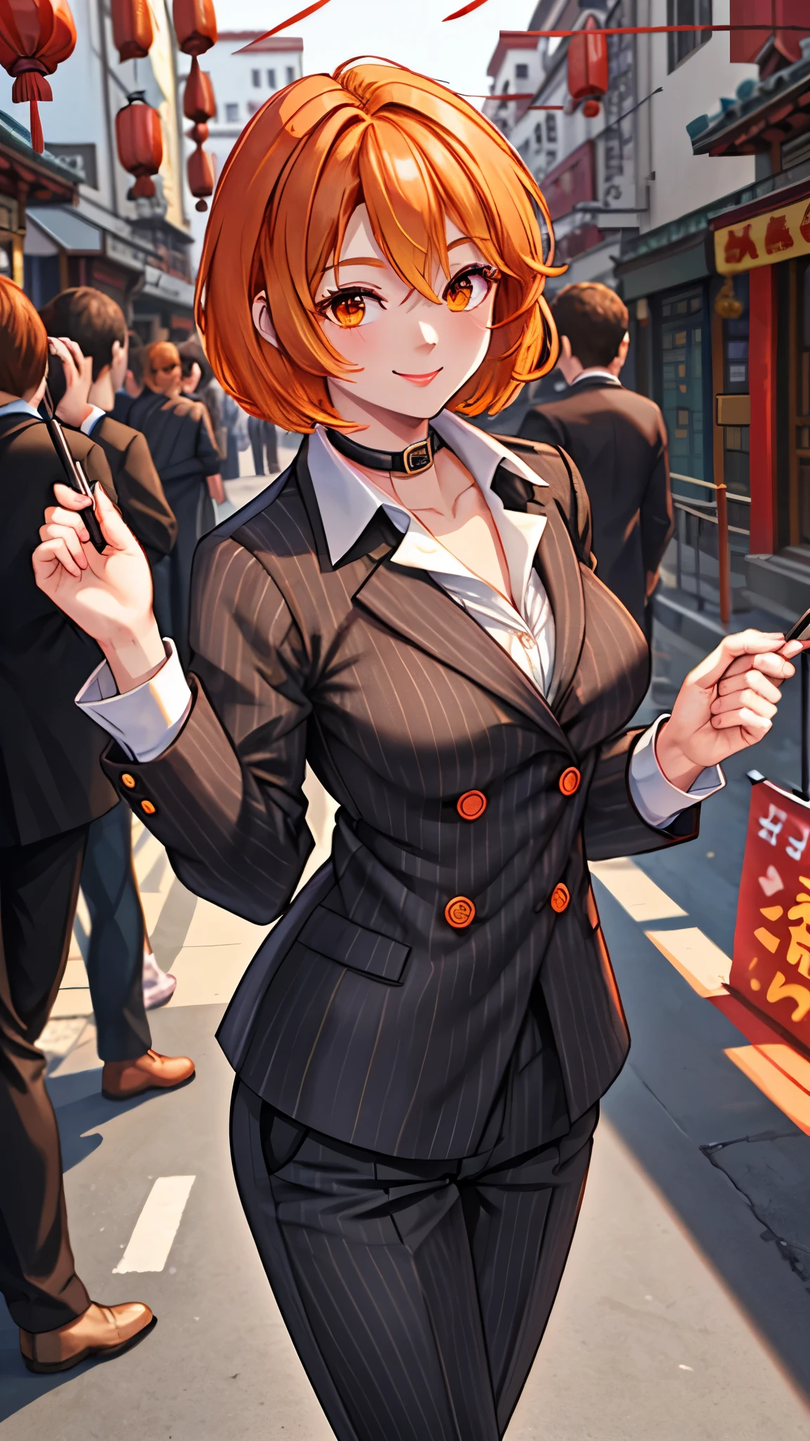 （（super high quality,））（（Ultra-high resolution,））（16K,）（super masterpiece,）（（Ultra HD ,））（Detailed shading,）One Woman,Short orange hair with bouncy tips,Black vertical striped suit and pants,Tight collar white shirt,Even the third button is undone.,smile,Chinatown during the day,