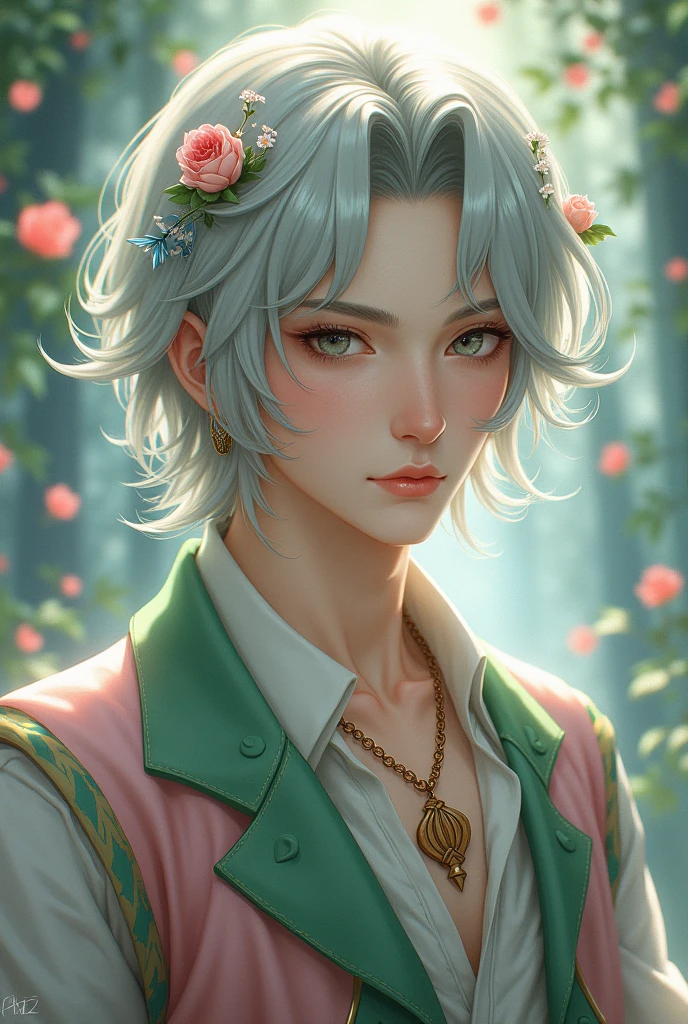 young man, twink, (((male))), (((man))), (((one person))), single, solo, (((very light blonde hair))), (((pink colored eyes))), (medium short hair), (chin-length hair), wavy hair, slim body, ((flat chest)), ((fantasy style)), ((wearing flowers in his hair)), flowercrown, ((pointy ears)), (((light pink colored eyes))), smooth skin, (((taking a bath in a pond))), fancy greenhouse background, (sunlight falling in through big detailed windows), room is decorated with flowers in bottles, flowers in vases, flowers in pots, hanging plants, (((wearing a transparent white top))), (white lace on clothes)